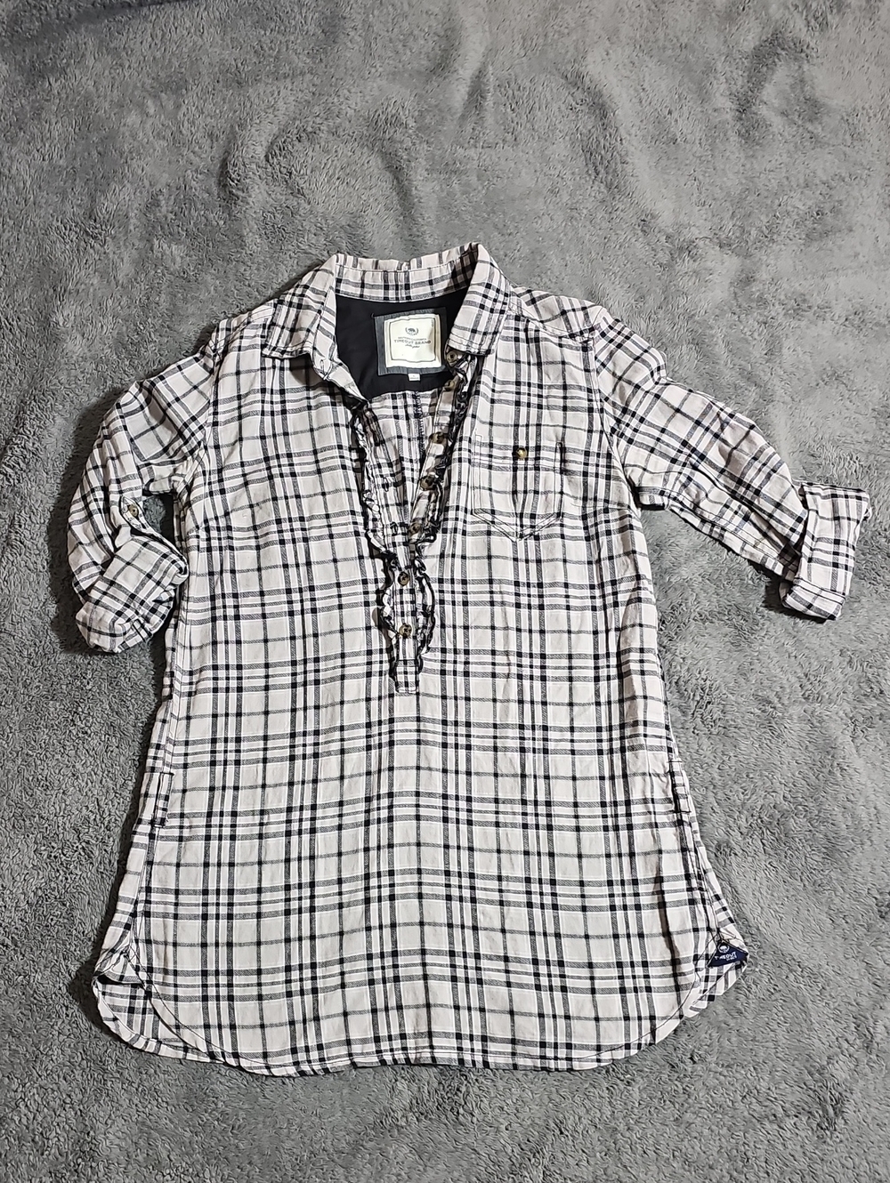 Timeout Plaid Ruffle Henley Style Tunic Black Grey Roll Up Sleeve Cotton Size L